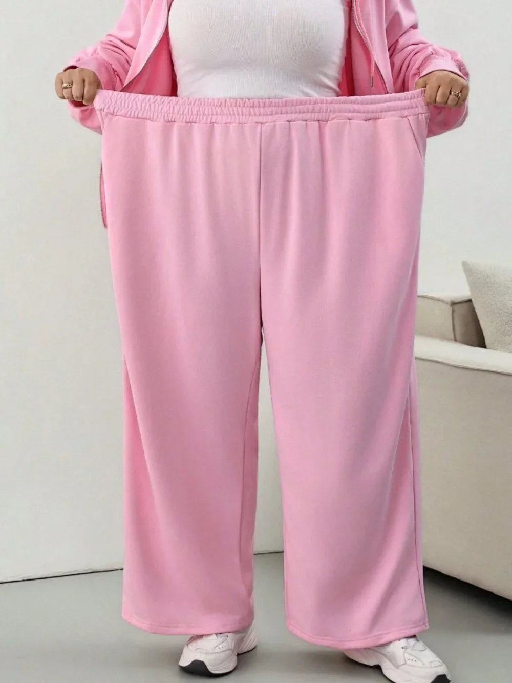 Pink Casual Women's Loose Hooded Zip-Up Drawstring Pocket Cropped Sweatpants Set
